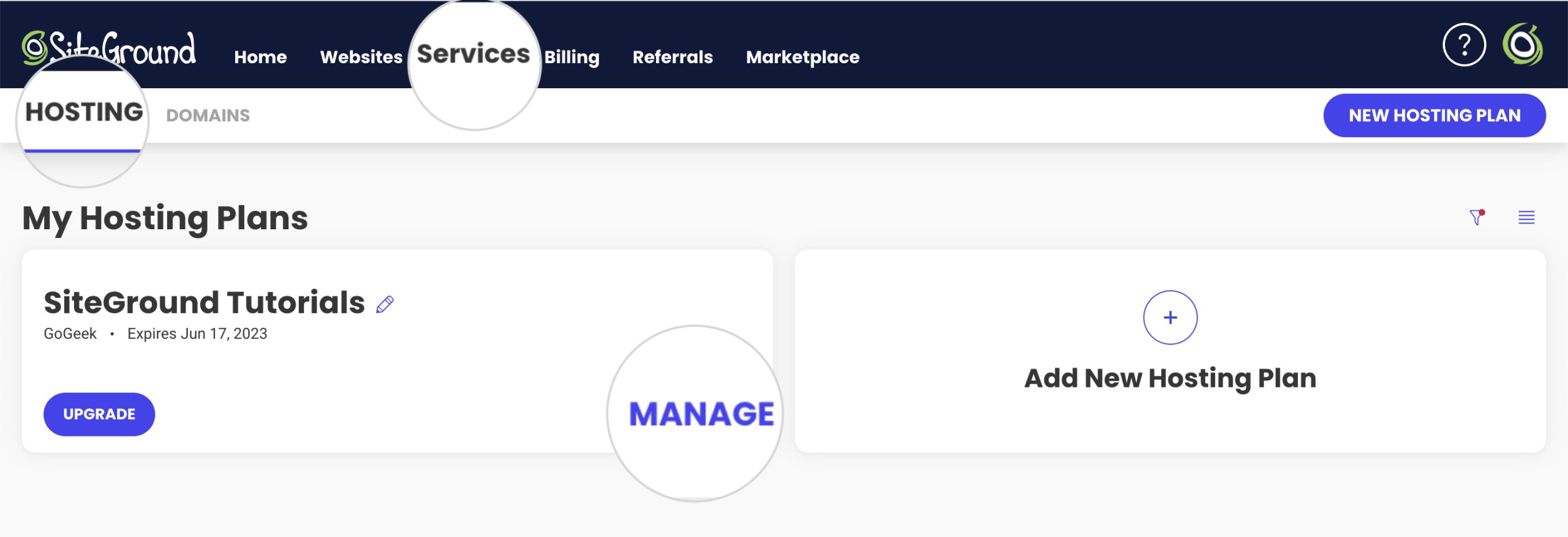 Manage section in SiteGround User Area to check the usage statistics