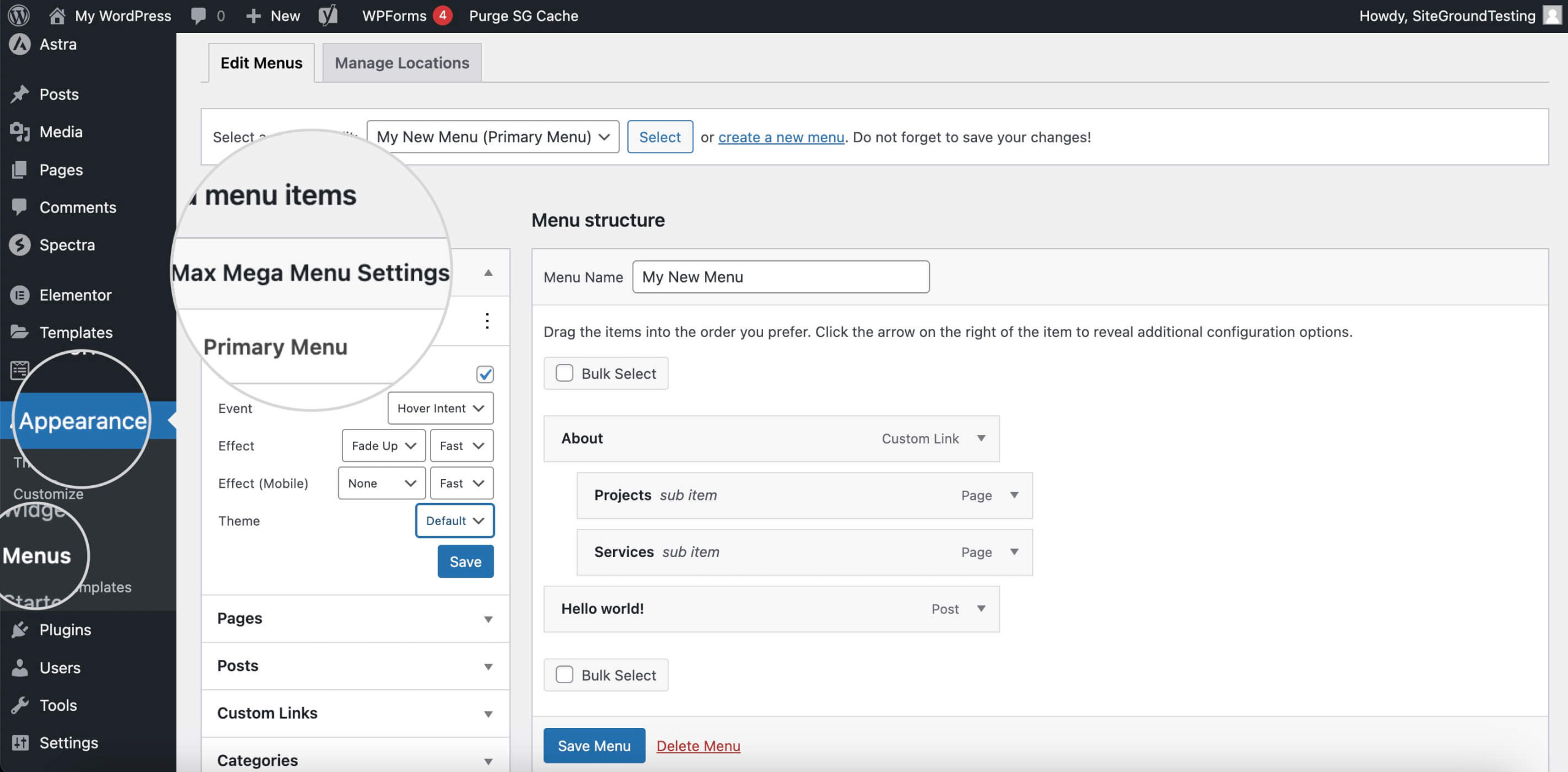 Screenshot showing the Max Mega Menu settings in the WordPress Menu Editor