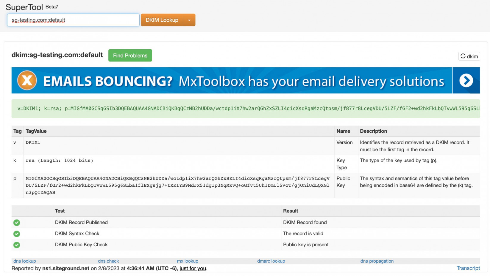 Screenshot from the online tool MXToolBox for DKIM setup check