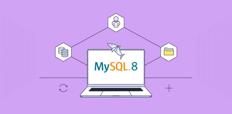 laptop with MySQL version 8 logo