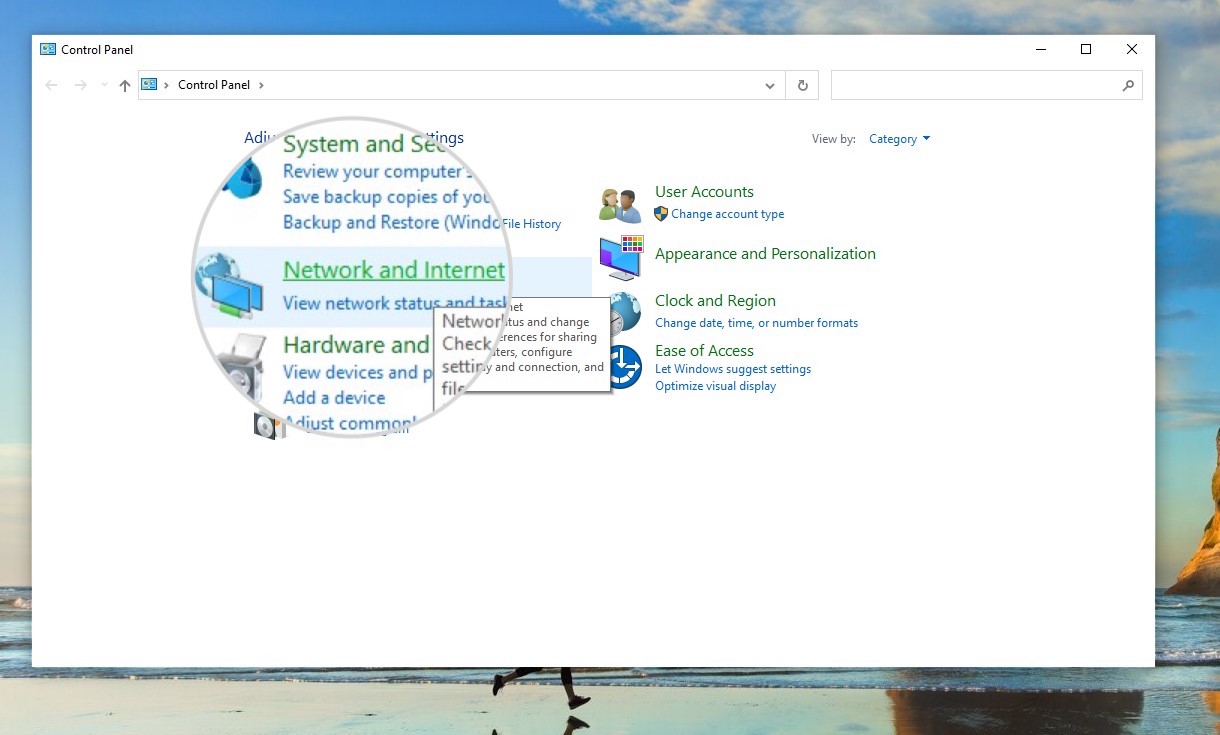 The Network and Internet section in the Control Panel on Windows