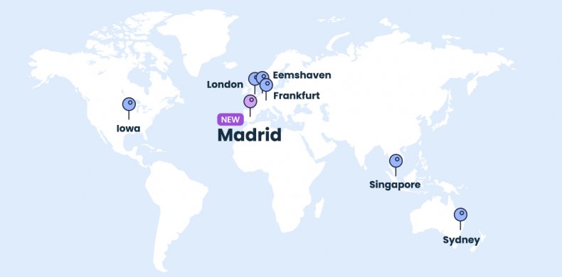 map of the world with new Data center in Madrid, Spain