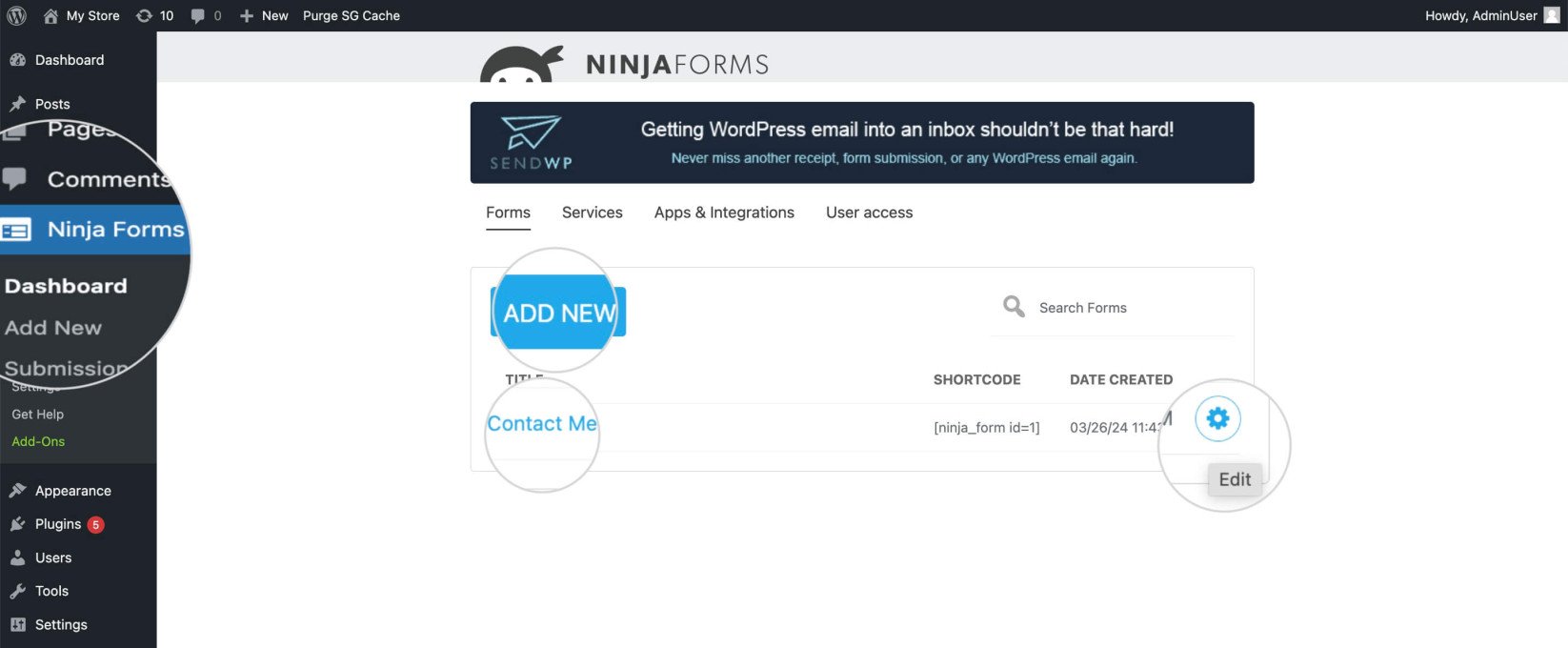 Ninja Forms control panel in WordPress