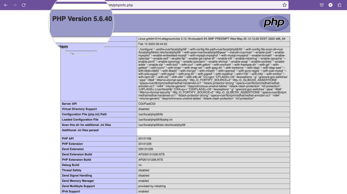 Screenshot showing the phpinfo detecting an outdated php version