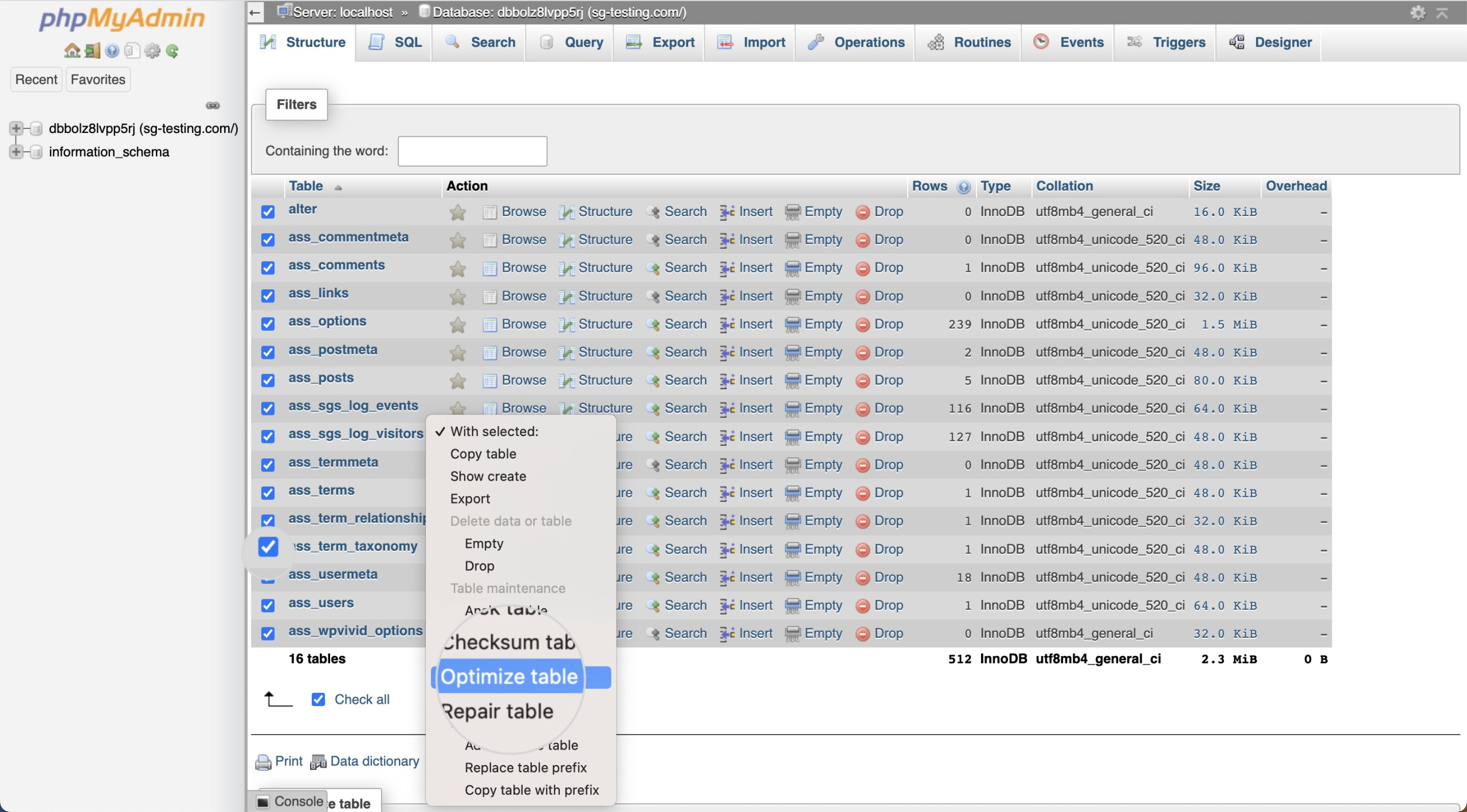 Optimize the database from phpMyAdmin to fix the HTTP 429 Error