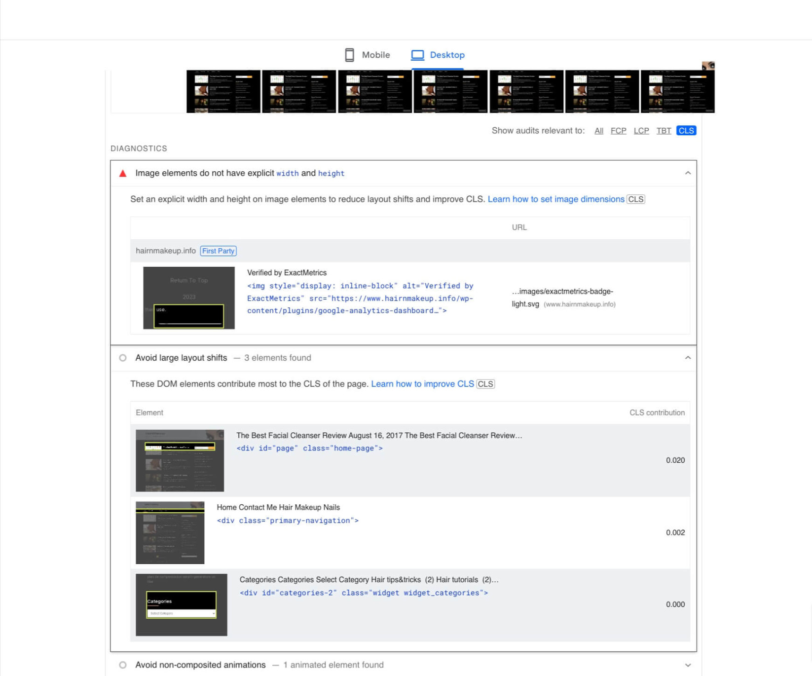 Screenshot showing CLS improvement suggestions from PageSpeed Insights