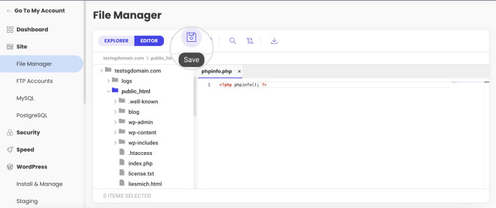 Screenshot showing how to save the snippet int he phpinfo file