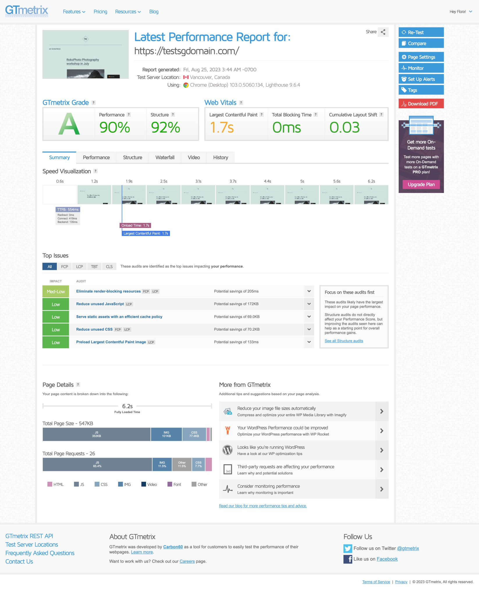 Screenshot of an example performance report by GTmetrix