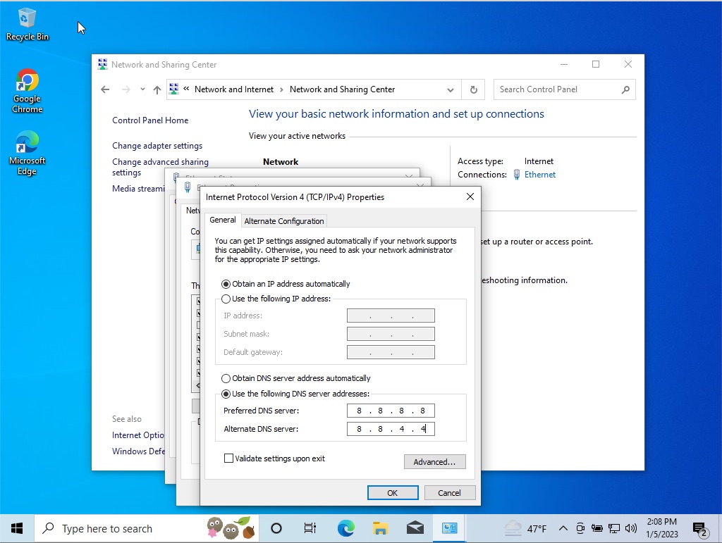 Change the primary DNS server addresses on Windows to fix "The Site Can't Be Reached"