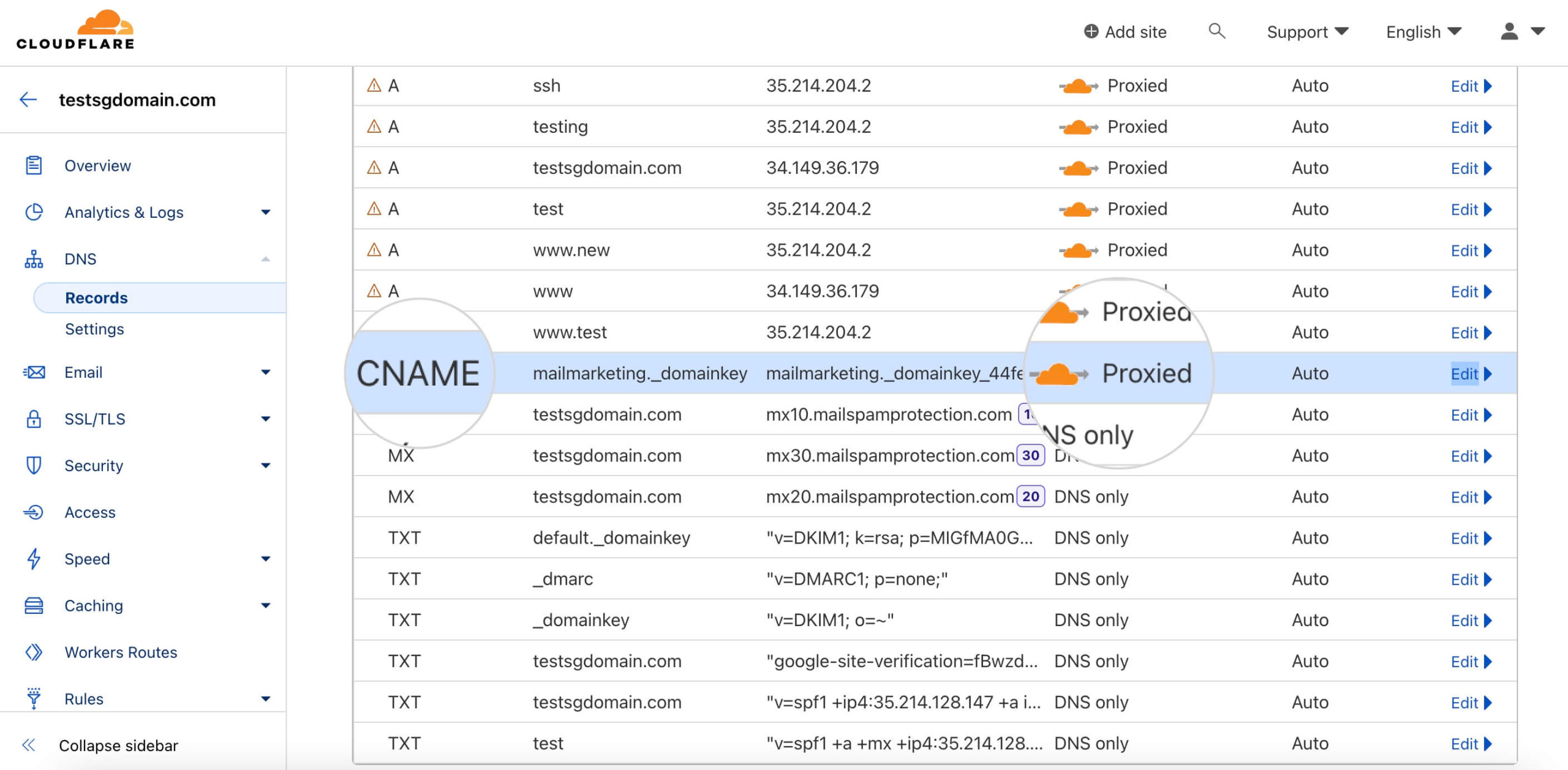 Screenshot showing the Proxied Email Marketing CNAME in Cloudflare