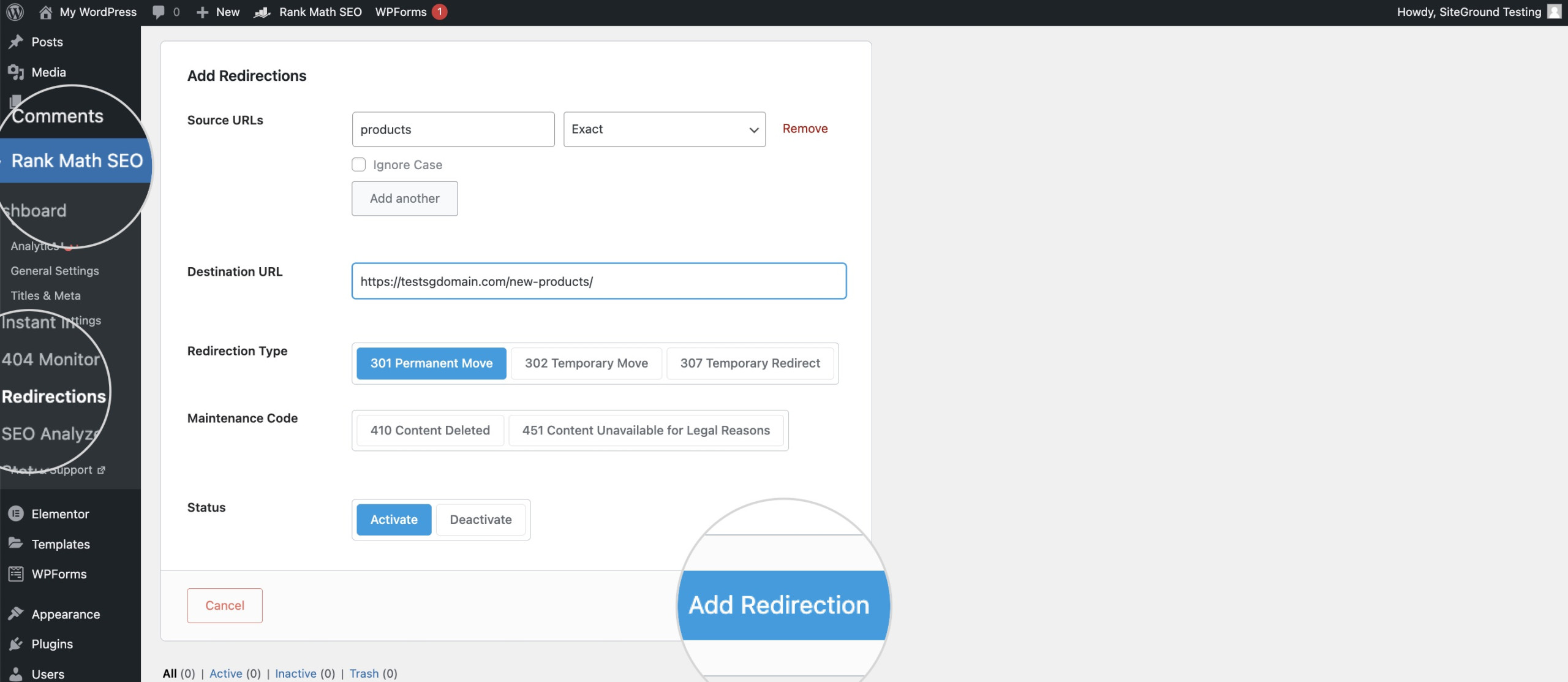 Sample configuration of a 301 redirect using Rank Math's interface, demonstrating a textbook example for SEO best practices.