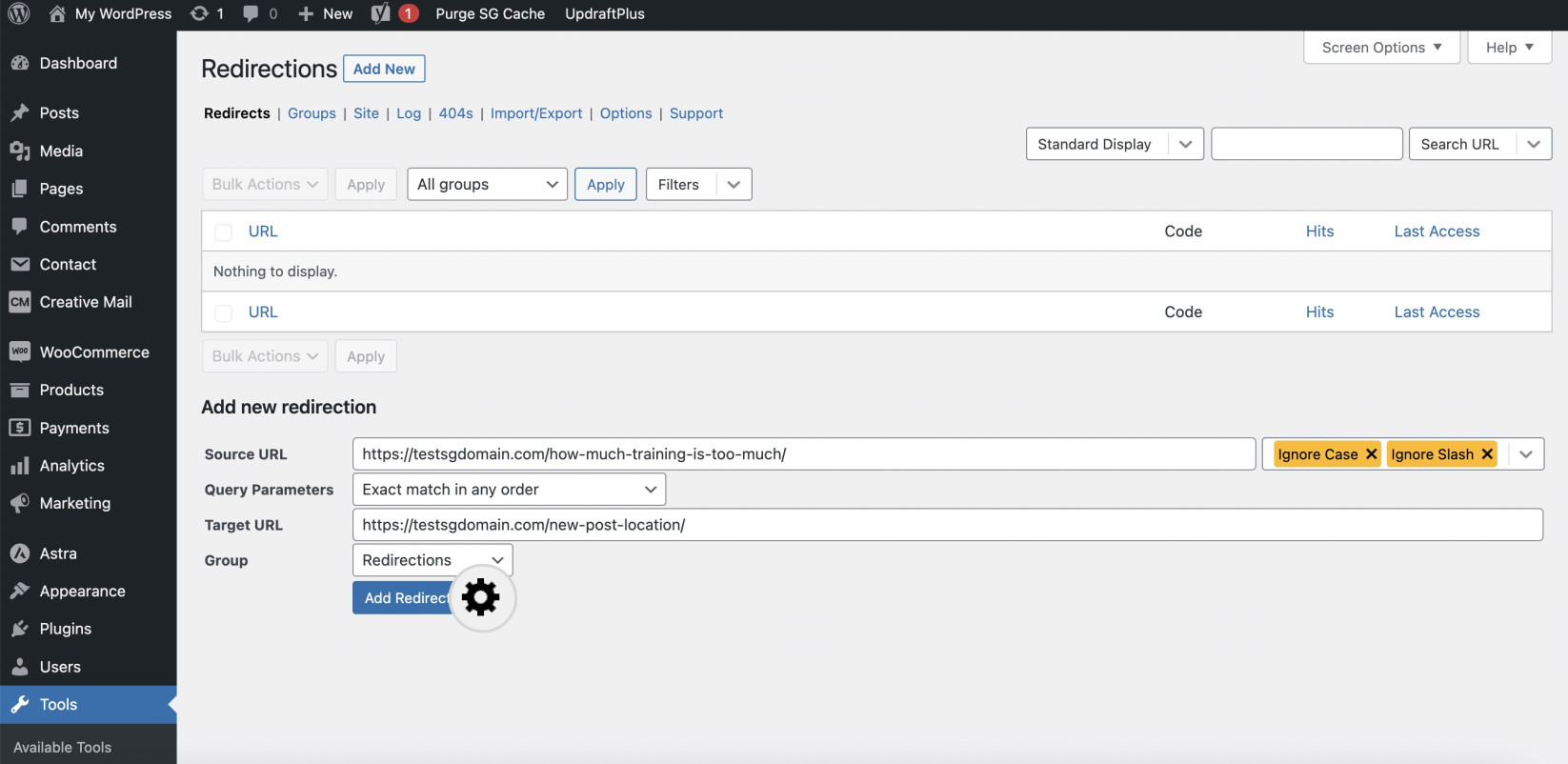 Settings for the Redirect Type in the Redirections plugin for WordPress