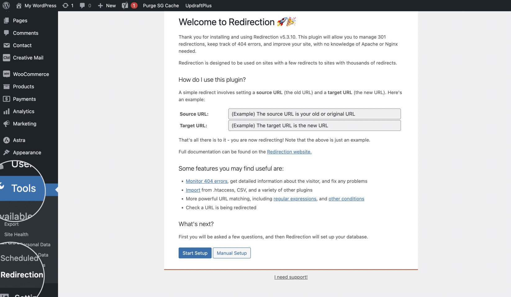 Initial setup of the Redirection plugin in a WordPress site