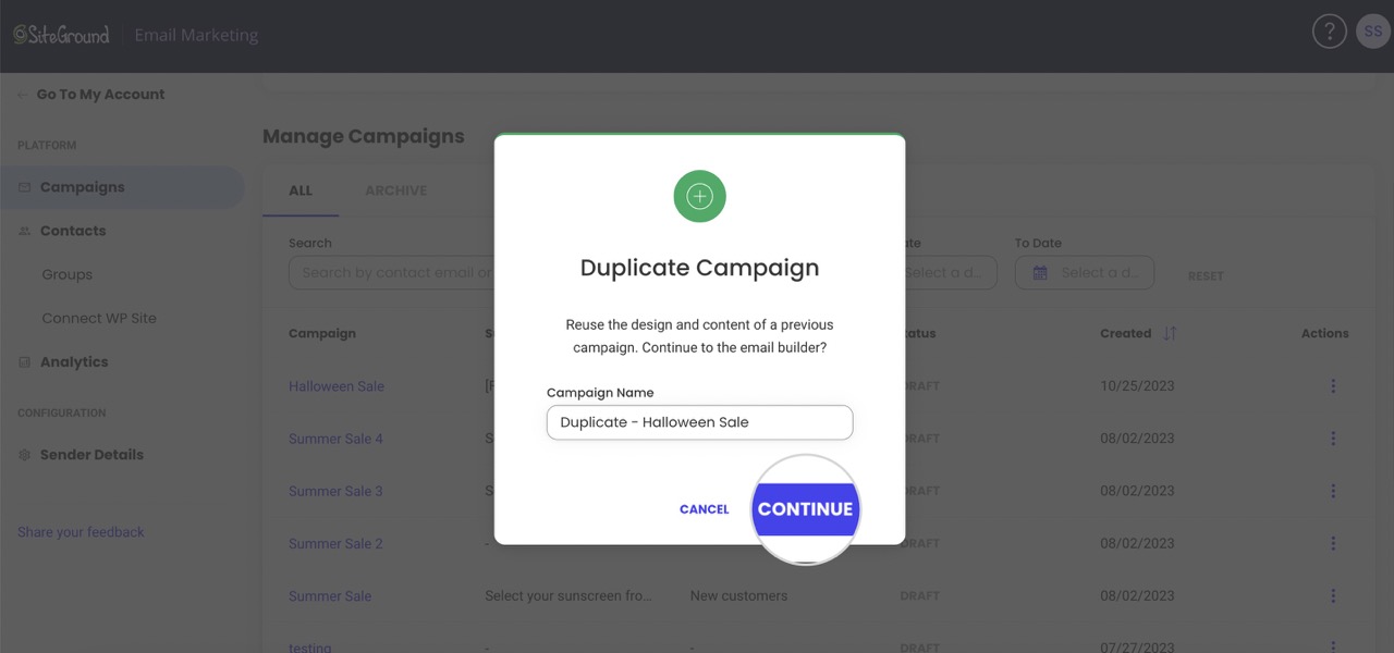 Screenshot of the Continue pop-up to duplicate your campain in SiteGround Email Marketing