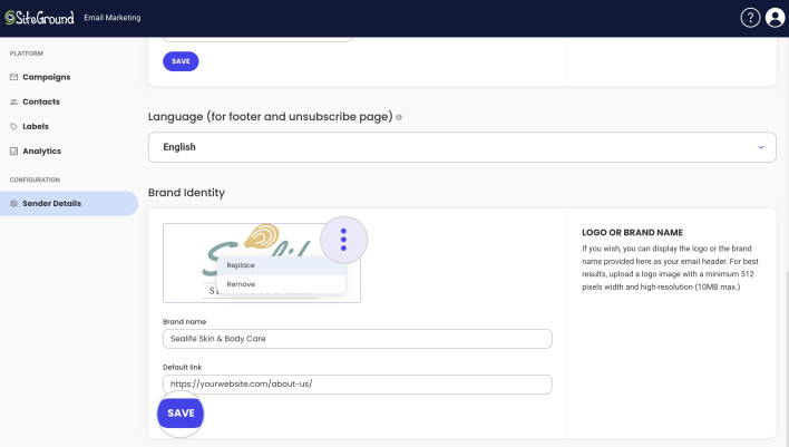 Screenshot showing the Actions menu with the Replace and Remove logo options