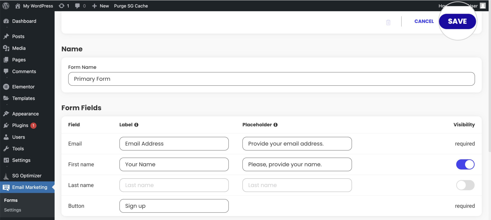 How to save a new sign-up form in the Email Marketing plugin