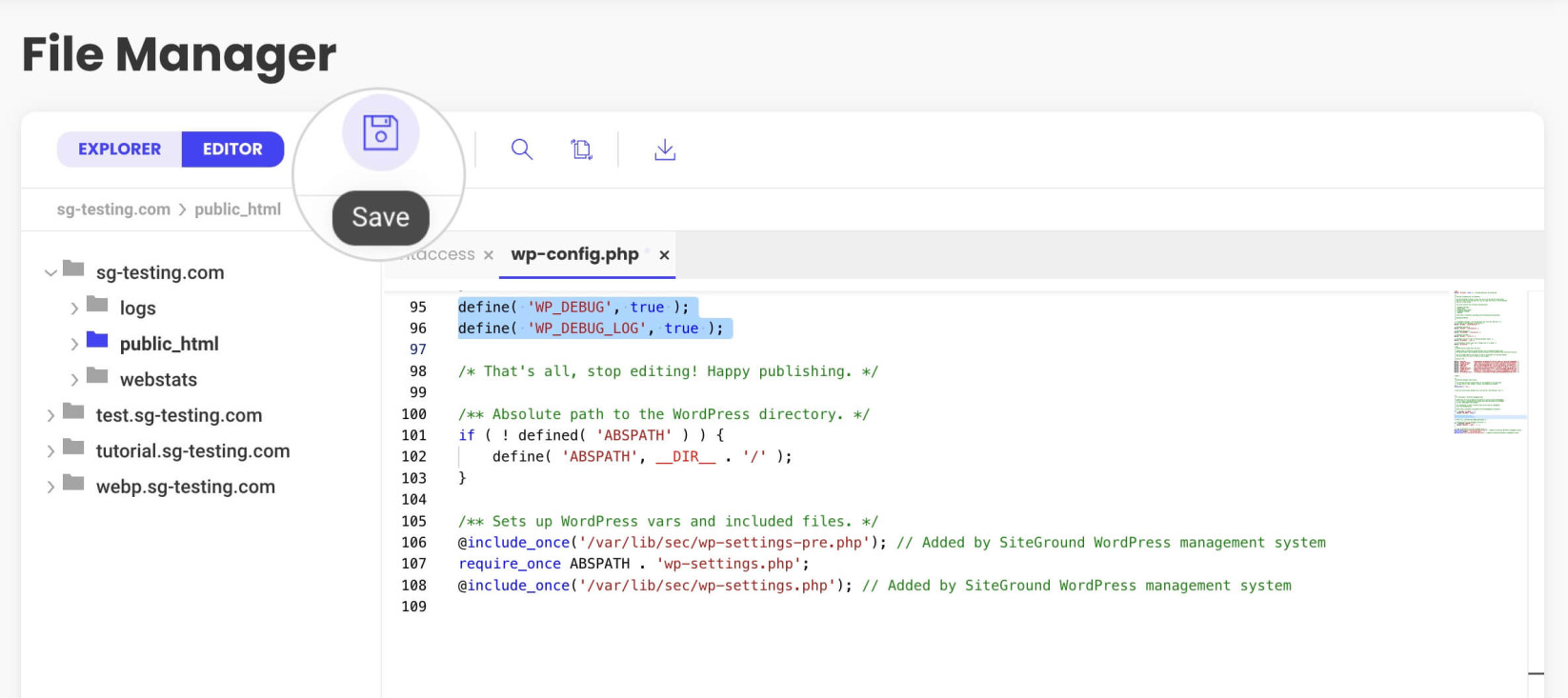 How to save changes to the wp-config file with a File Manager