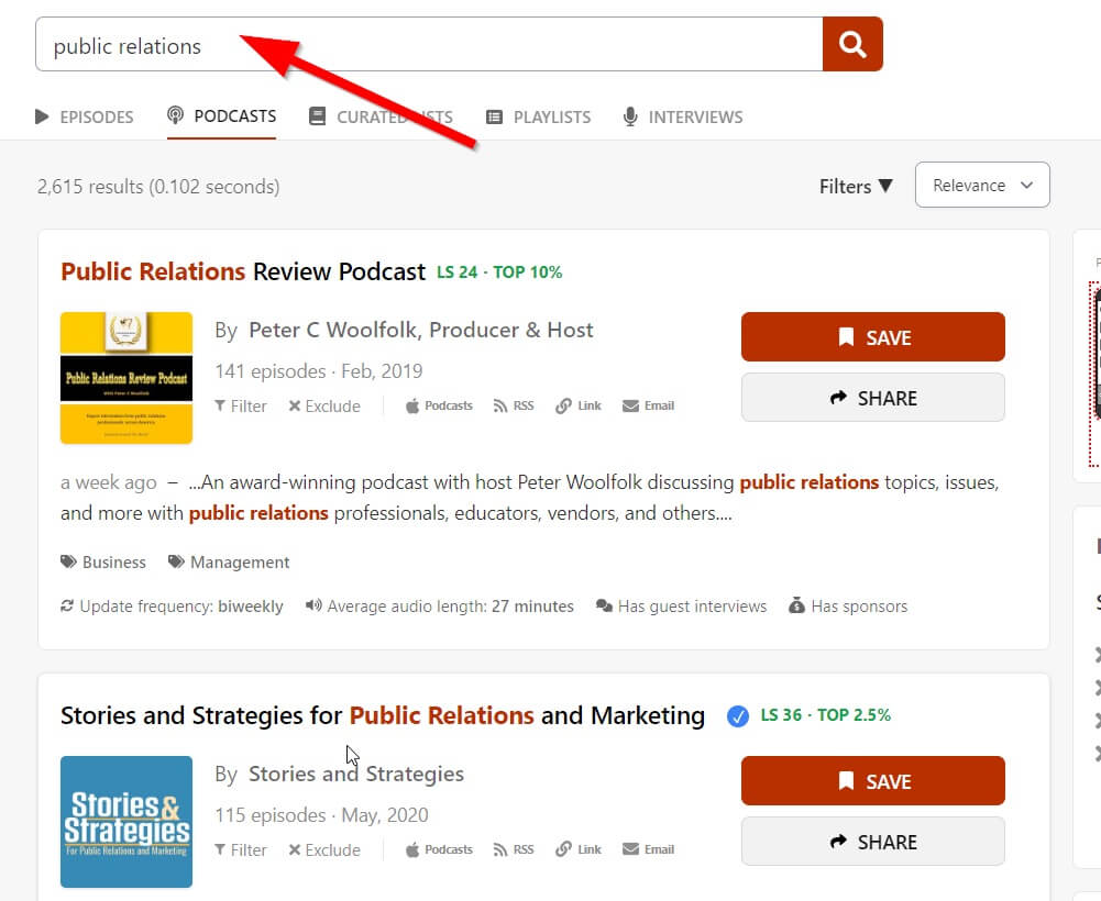 ListenNotes search results page for podcasts related to public relations link building strategy.