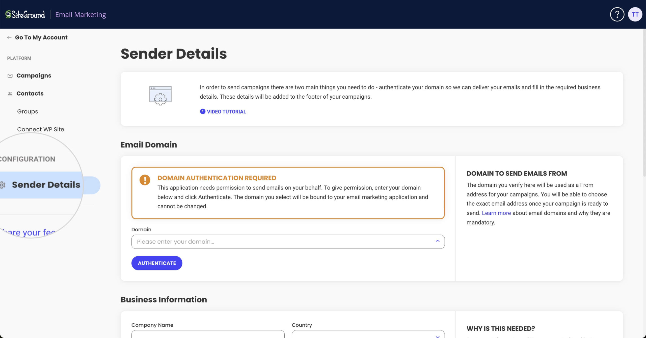 Sender Details section in SiteGround Email Marketing