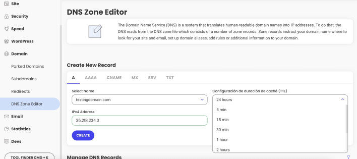 Screenshot showing how to Set a lower TTL value to speed up DNS propagation from Site Tools