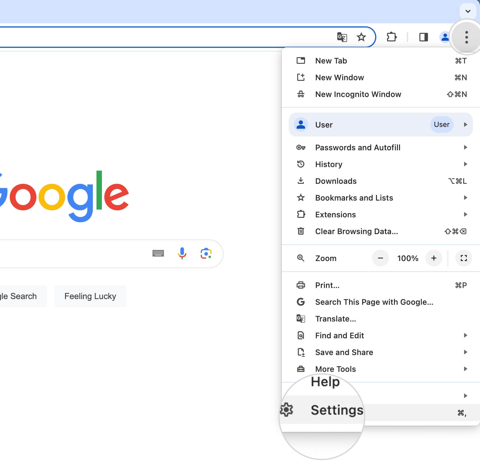 Settings menu in Google Chrome 