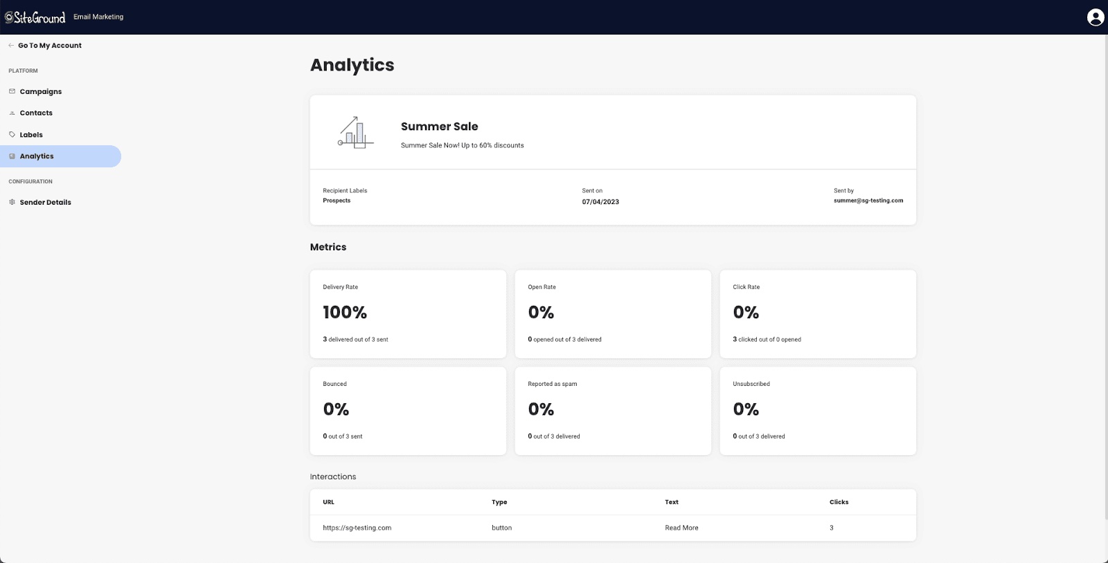 Screenshot of the Analytics page for a single campaign in SiteGround Email Marketing