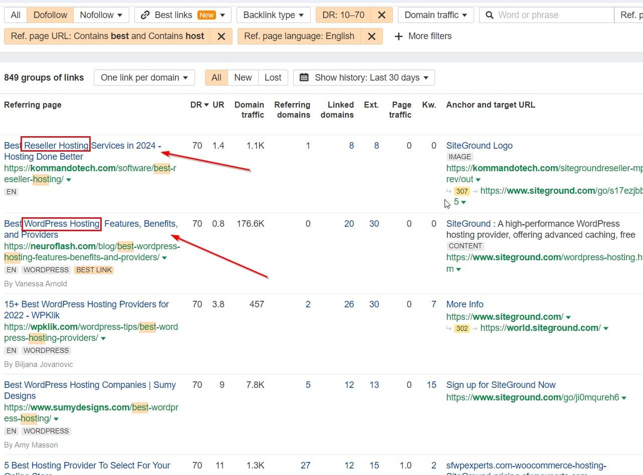 Ahrefs SEO tool screenshot analyzing SiteGround's backlink profile with emphasis on link quality