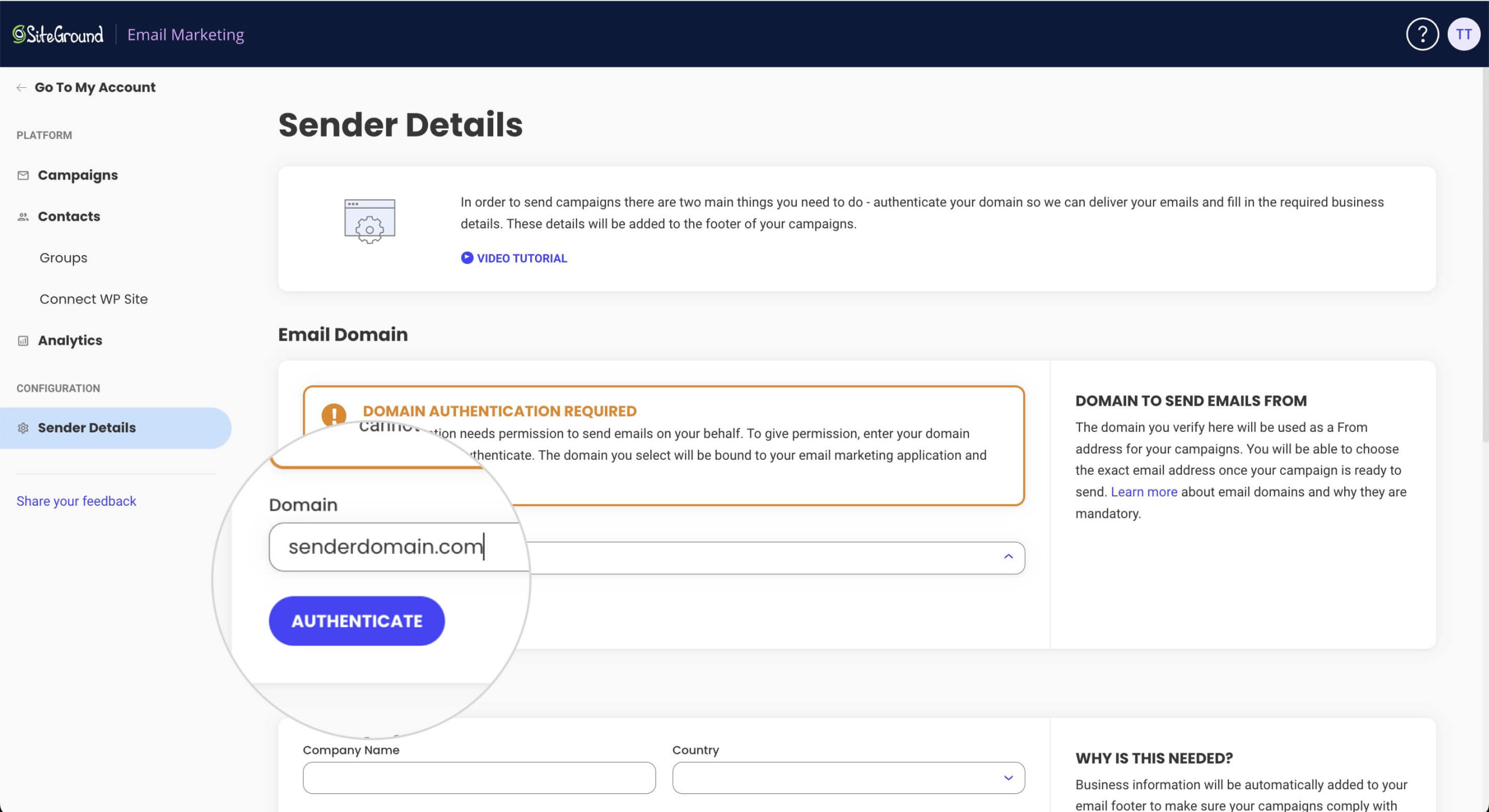 The Domain field where you can manually type the sender domain