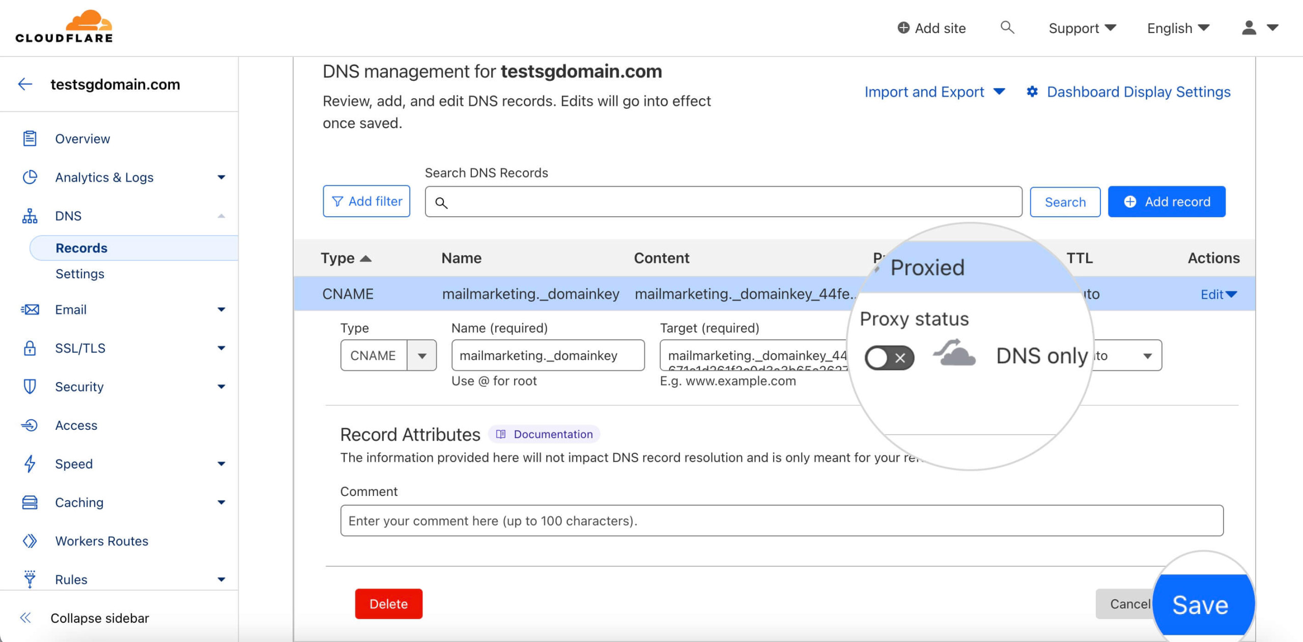 Screenshot showing how the Email Marketing CNAME should look with a DNS only status, DNS proxy deactivated