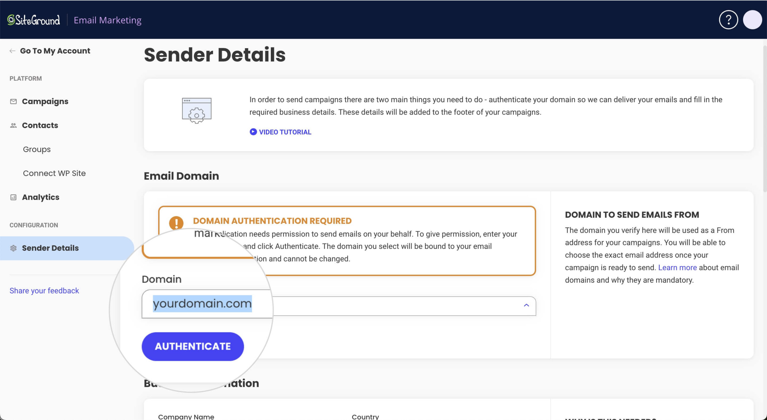 How to manually type the sender domain in SiteGround Email Marketing