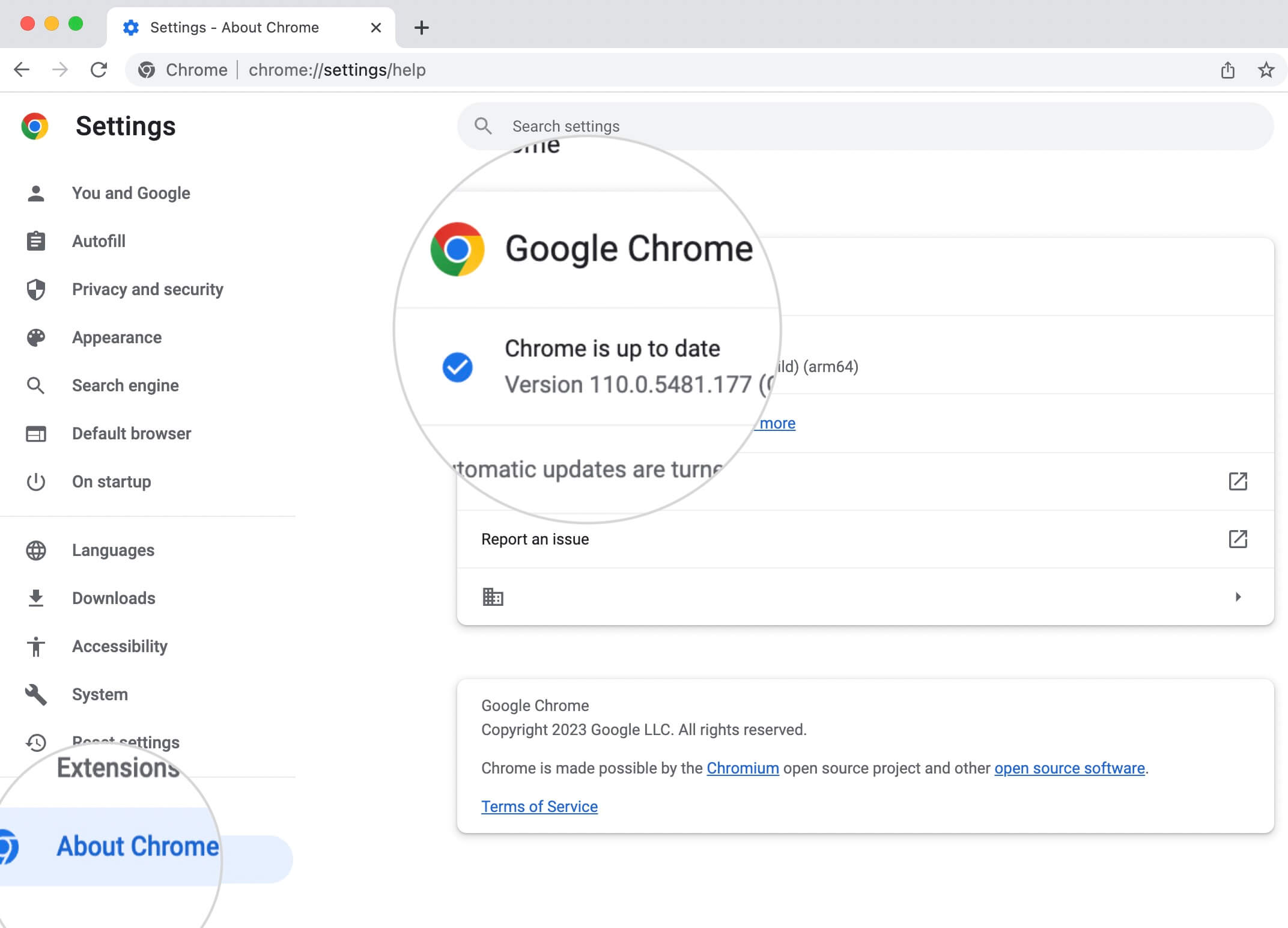 View Chrome updates from the About Chrome page