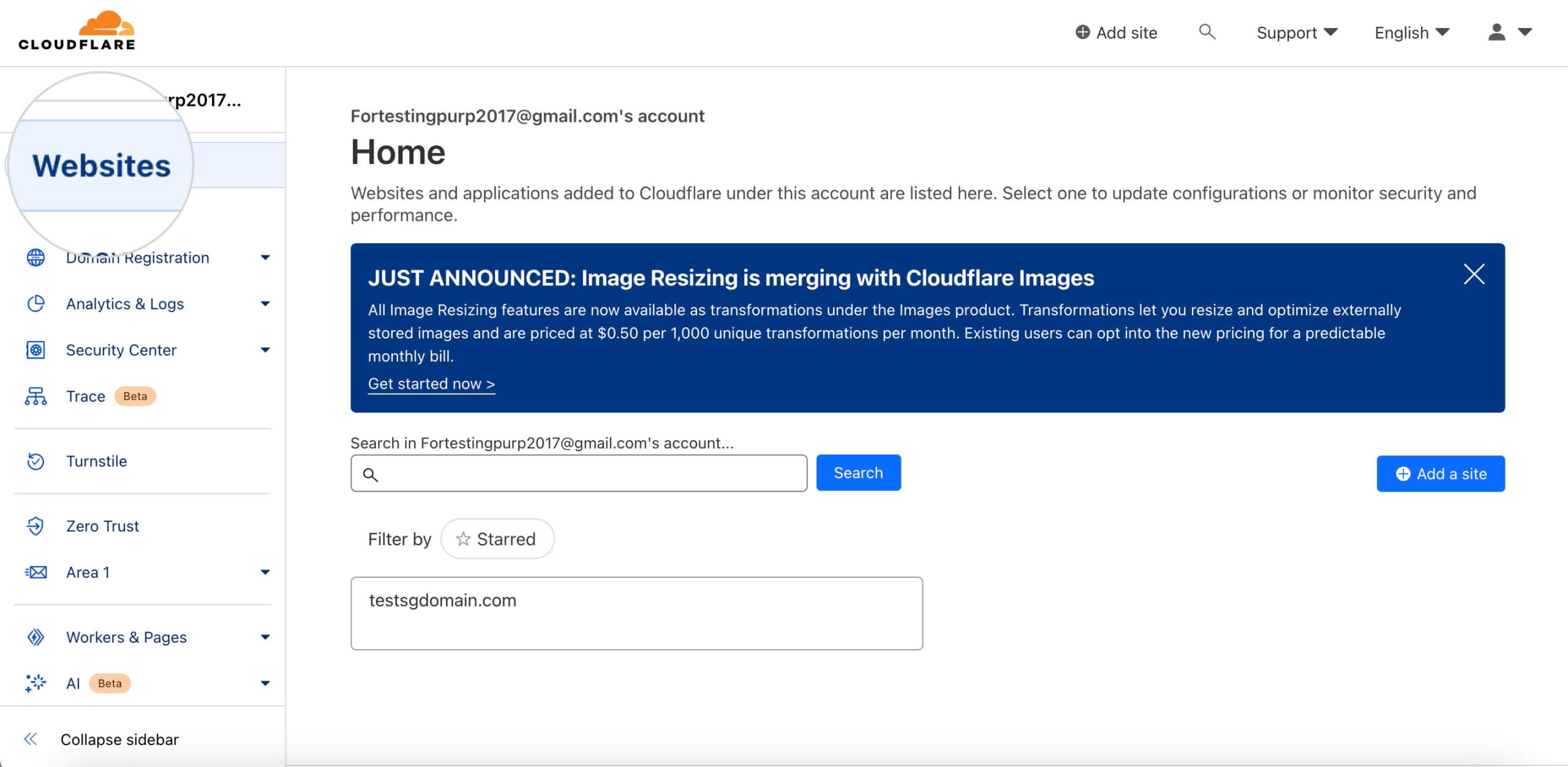 Screenshot showing you how to navigate to the Websites section in your Cloudflare settings