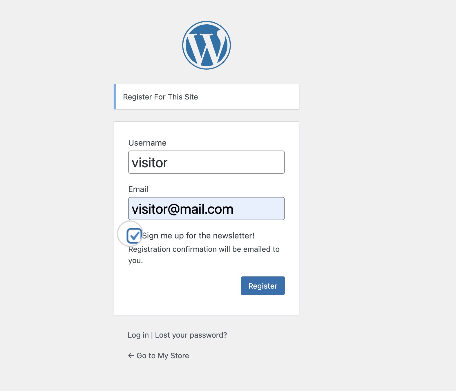 A newsletter sign-up checkbox on the WordPress user registration page