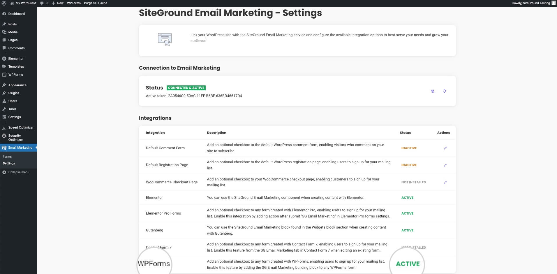 Active Integration Status of SG Email Marketing with WPForms Displayed in WordPress Dashboard