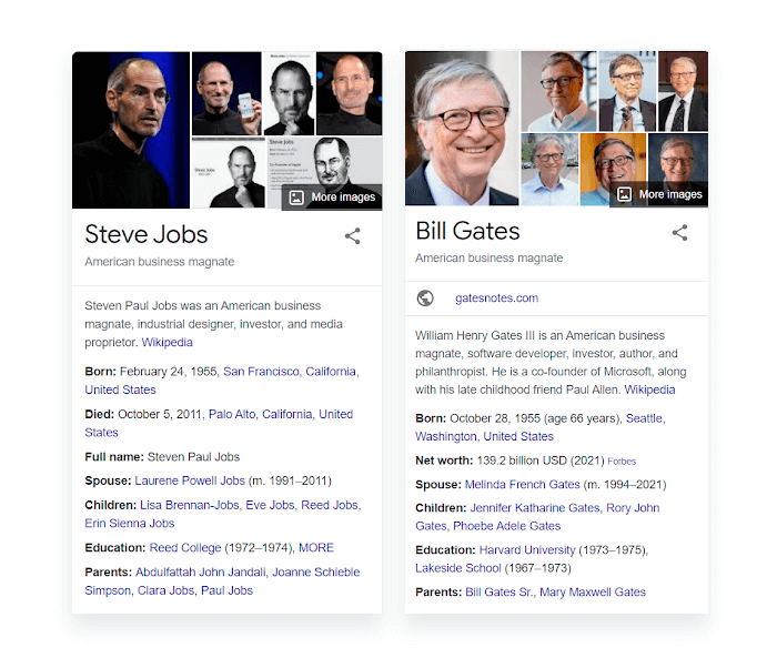 Knowledge Graph in Google search results for Steve Jobs and Bill Gates