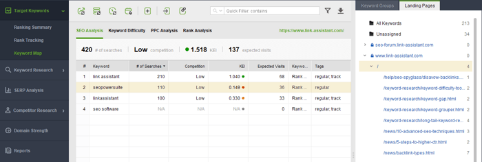 Keyword Map  in Rank Tracker with all target keywords, keyword groups, and landing pages