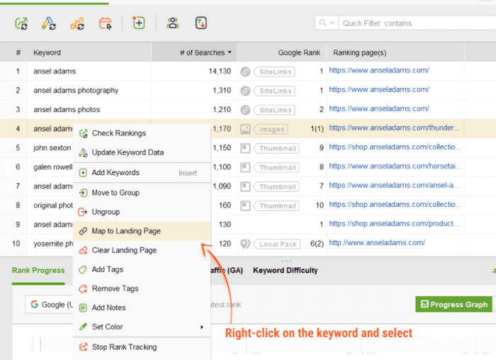 Right-click on the keyword and select Map to Landing page from the context menu