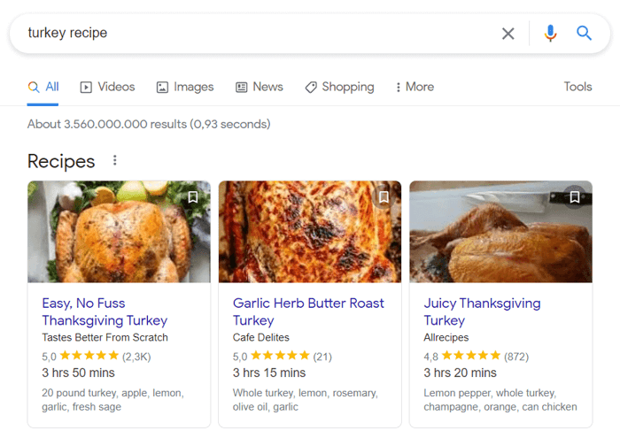 Recipes carousel in Google search results