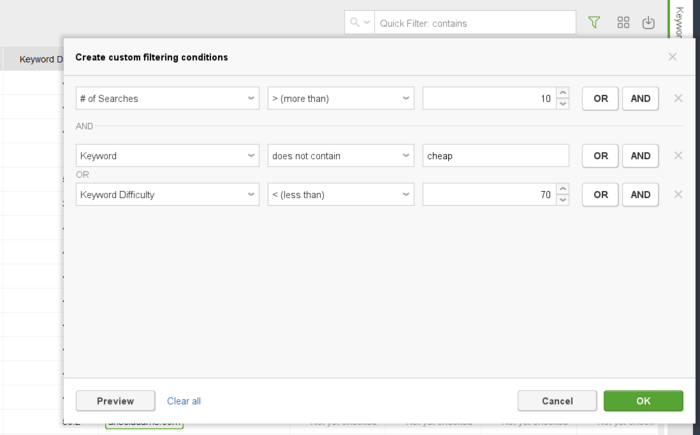 Setting up filters to sort out irrelevant keywords