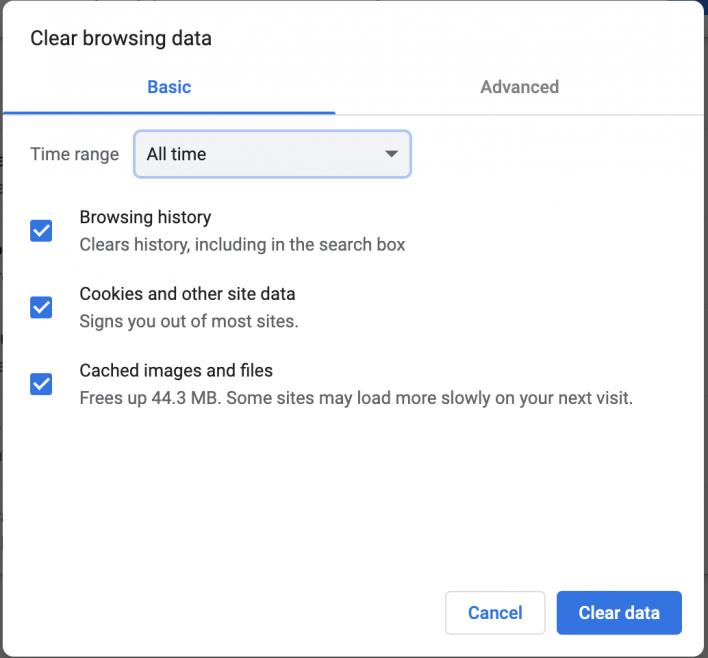 Clear cache on Chrome - Clear browsing data