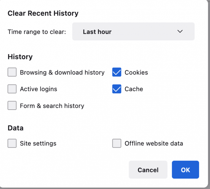 Clear cache on Firefox - Options for Clear recent history