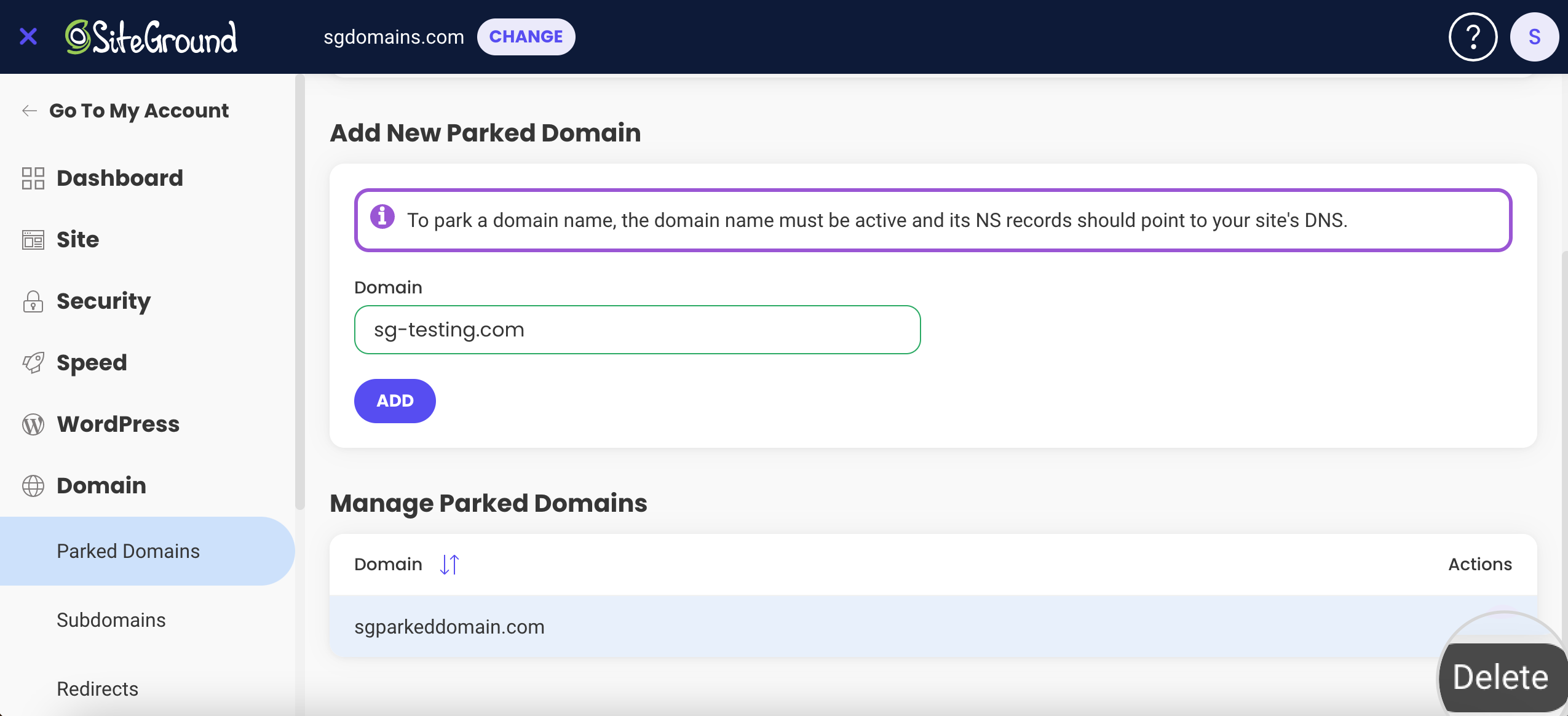 Delete a parked domain