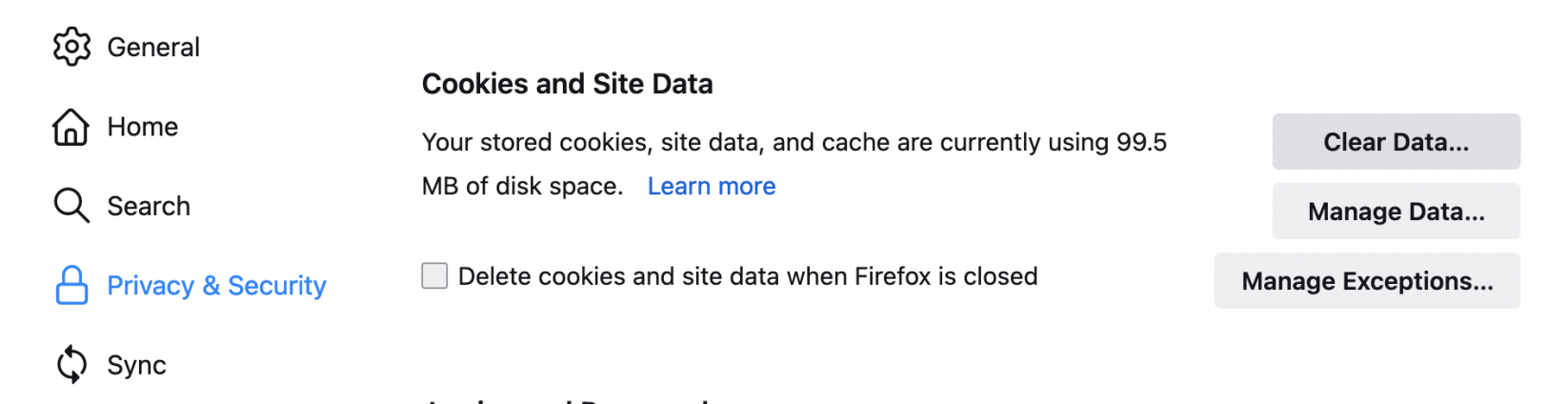 Privacy and Security page in Firefox - Clear Data option