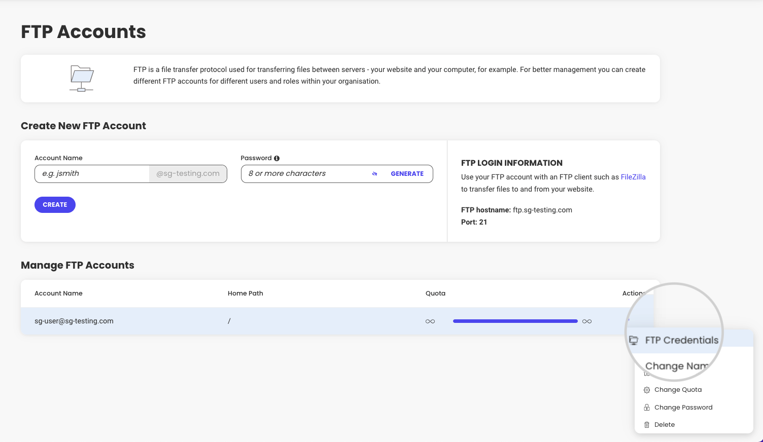 FTP credentials for an FTP account