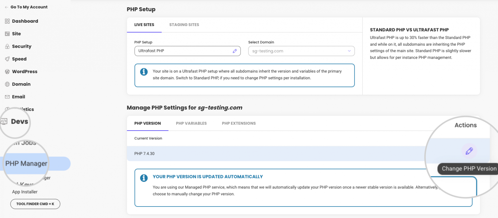 How to enable Managed PHP service - Change PHP Version Button