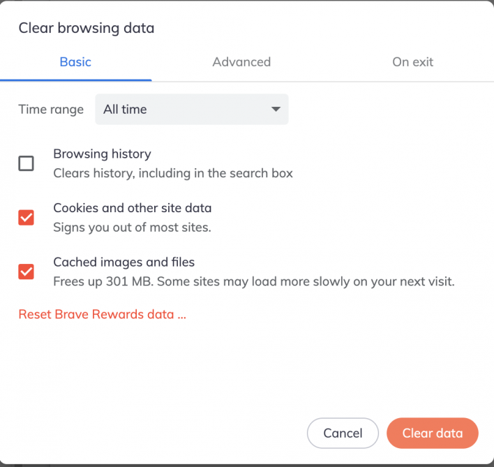 Options for Clear browsing data in Brave