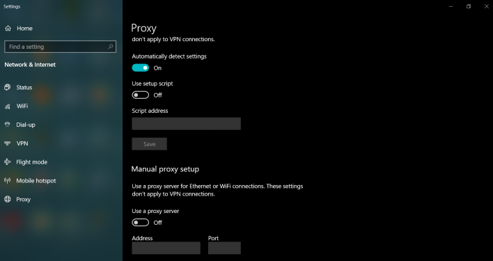 Proxy settings Windows 10