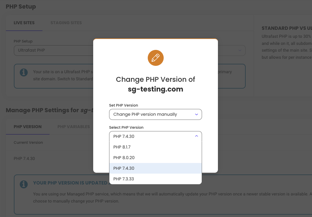 Select manual PHP version